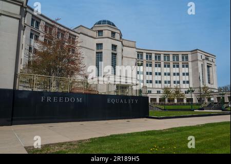 Lansing MI - May 6, 2023: The words Freedom and Equality on the facade of Michigan Hall of Justice Building Stock Photo