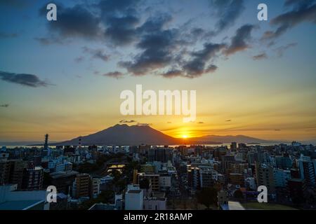 Morning glow of Sakurajima in Kagoshima Prefecture Stock Photo