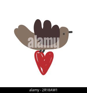 Love flying bird carrying a heart. Doodle vector isolated illustration, Valentines Day card, romantic message concept Stock Vector