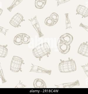 Beer Vector Seamless Background Pattern. Hand Drawn Pretzel, Barrel, and Glass Sketches Octoberfest Celebration Greeting Card, Wrapping, Wallpaper or Stock Vector