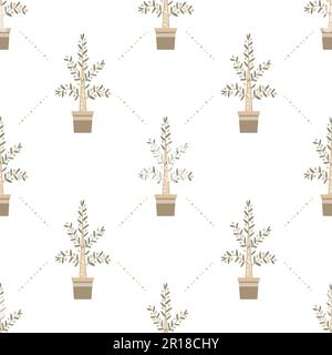 Potted olive tree seamless patter. Vector background for packaging, wallpapers, and cards. Naive tribal style, geometric design. Stock Vector
