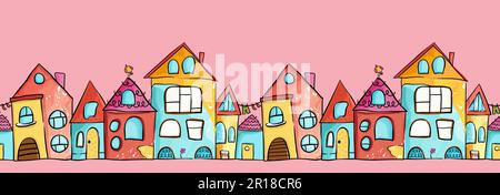 Vector seamless pattern with fun hand drawn houses, colorful background for kids, great for banners, wallpapers. Stock Vector
