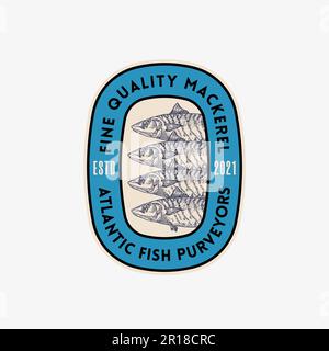 Fine Quality Mackerel Purveyors. Abstract Vector Sign, Symbol, Logo Template. Hand Drawn Mackerel Fish with Typography. Colorful Vector Emblem Stock Vector