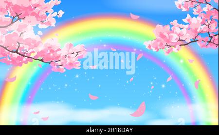 Pink sakura branches against a blue sky with clouds and rainbows. Vector holiday background in manga and anime style. Stock Vector
