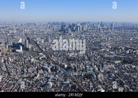 Koenji Station aerial shot from the Northwest Shinjuku, Skytree area Stock Photo