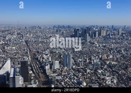 Nakano station aerial shot from the West distant view of Shinjuku, Skytree Stock Photo