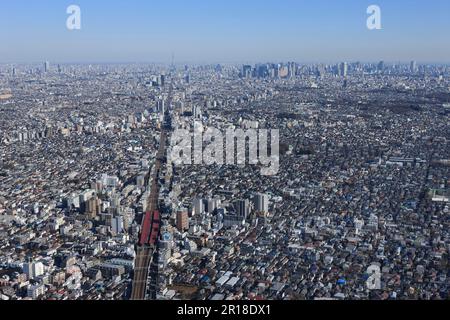 Nishi Ogikubo station aerial shot from the West, Ikebukuro, Skytree, Shinjuku direction Stock Photo