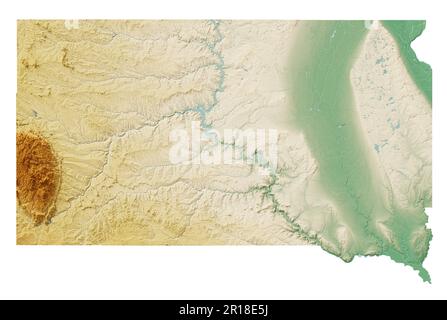 The US state of South Dakota. Detailed 3D rendering of shaded relief map with rivers and lakes. Colored by elevation. Created with satellite data. Stock Photo