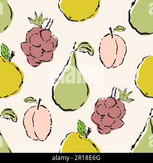 Mid-century modern style apples, pears, plums, berries. Seamless vector pattern background. Pastel green, red, yellow, pink orchard fruit. Hand-drawn Stock Vector