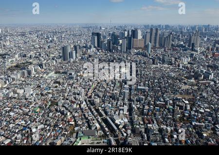 Nakano Shimbashi station aerial shot from the West towards Shinjuku, Skytree area Stock Photo