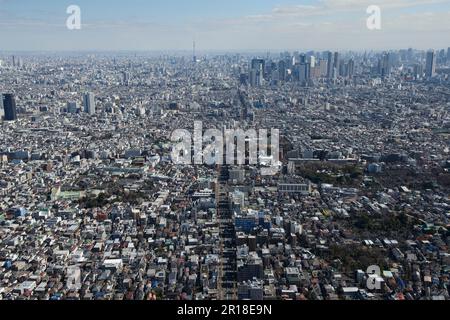 Shin Koenji Station aerial shot from the West towards Shinjuku, Skytree area Stock Photo