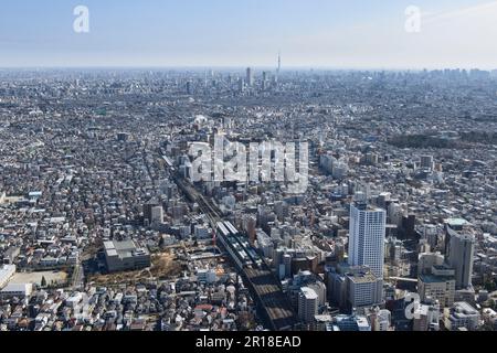 Nerima station aerial shot from the West side towards Ikebukuro - sky tree tower direction Stock Photo