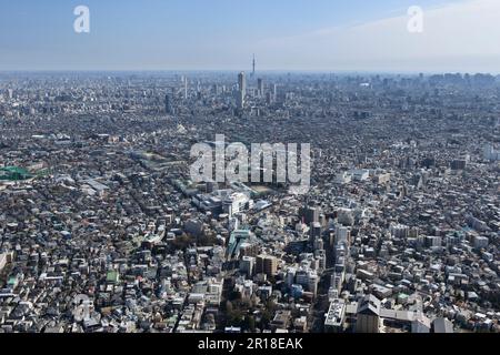 Ekoda station aerial shot from the West side towards Ikebukuro - Sky tree tower direction Stock Photo