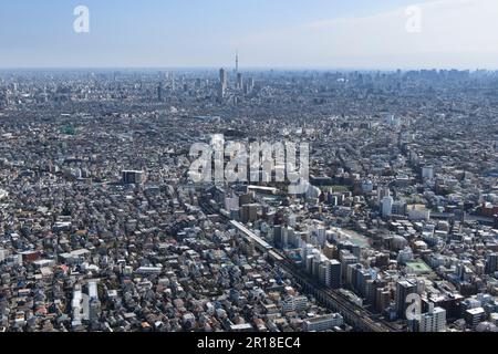 Sakuradai station aerial shot from the northwest side towards Ikebukuro - sky tree tower Stock Photo