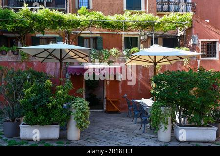 Hotel exterior with potted plants, pergola, sun shades and pavement restaurant in the sestiere of San Marco, Venice, Veneto, Italy Stock Photo