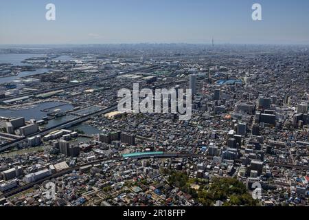 Okami Miyashita station aerial shot view from the East side towards the Sky Tree tower Stock Photo