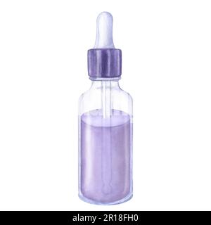 Purple pipette bottle plastic glass cosmetic. Lavender oil, lotion. Hand draw watercolor illustration isolated on white background. For beauty industr Stock Photo