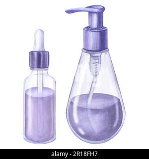 Purple dispenser pipette bottle plastic glass cosmetic. Lavender oil, lotion. Hand draw watercolor illustration isolated on white background. For beau Stock Photo