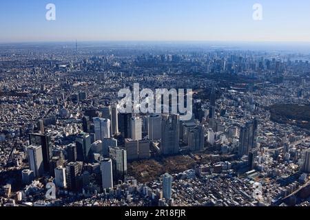 Aerial shot of Shinjuku station from the west towards central Tokyo,sky tree area Stock Photo