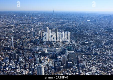 Ikebukuro station aerial shot from the west side towards the sky tree tower direction Stock Photo