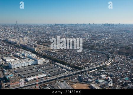 Nishi-takashimadaira station aerial shot from the northwest side towards the sky tree tower, Shinjuku, subcenter direction Stock Photo