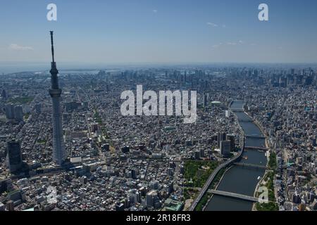 Honjo azumabashi station aerial shot view from the North side towards the sky tree tower sumidagawa Stock Photo