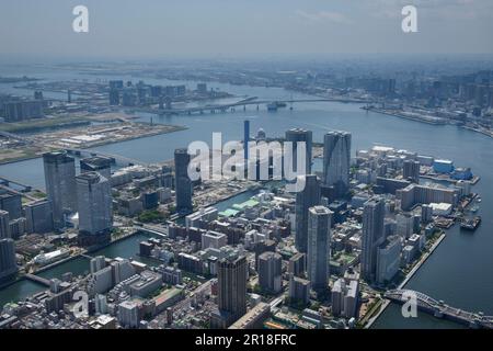 Kachidoki station aerial shot view from the north side towards Odaiba and Rainbow Bridge Stock Photo
