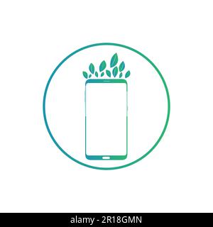 Smart phone logo design. mobile vector illustration with leaves and circle ring. Stock Vector