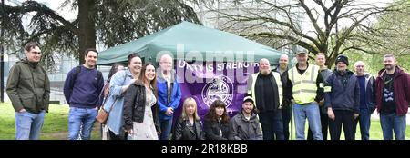 Manchester, UK, 12th May, 2023. Members of the train drivers’ union Aslef on strike held a picket at Victoria Railway Station, Manchester, UK. Aslef is the Associated Society of Locomotive Engineers and Firemen. Further strikes are planned 31st May and 3rd June and  RMT members will strike on the 13th May. Credit: Terry Waller/Alamy Live News Stock Photo