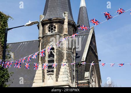 Close-up view of the Landmark Centre, Deal High Street, showing the Union Jack bunting  celebrating the coronation of King Charles III Stock Photo