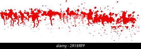 Bunch of red paint blots with leaks on white background. Scarlet blood or sauce splash on wall. Watercolor spatter texture. Abstract vector illustrati Stock Vector