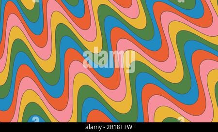 Groovy waves backdrop on rainbow colors. Psychedelic abstract curves vector background in 1970s. Hippie retro style. Fun colorful pattern. Stock Vector