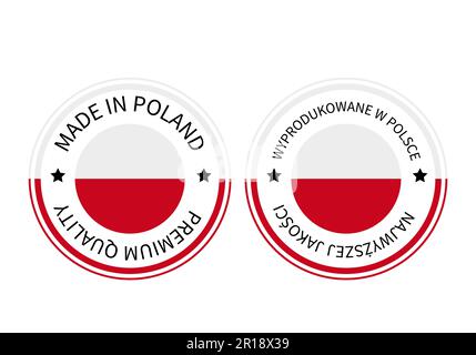 Made in Poland round labels in English and in Polish languages. Quality mark vector icon. Perfect for logo design, tags, badges, stickers, emblem, pro Stock Vector