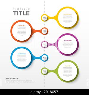 Vector light vertical progress steps template made from six circle shapes with year numbers, descriptions and icons and rainbow colorful timeline. Lig Stock Vector