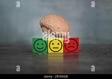Brain and wooden cubes with happy, neutral and sad face. Mental health, wellness and healthy mind concept Stock Photo
