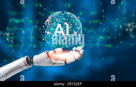 robot hand touching digital world and virtual graphic interface and artificial intelligence AI, Machine learning, big data network connection 3D rende Stock Photo