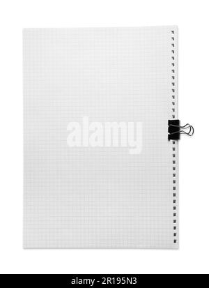 Checkered sheets of paper with binder clip on white background, top view Stock Photo