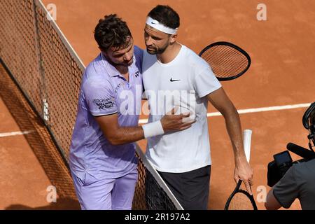 Rome, Italy. 12th May, 2023. Stan Wawrinka of switzerland and Grigor Dimitrov of Bulgaria during his match at the Internazionali BNL d'Italia tennis tournament at Foro Italico in Rome, Italy on May 12th, 2023. Credit: Insidefoto di andrea staccioli/Alamy Live News Stock Photo