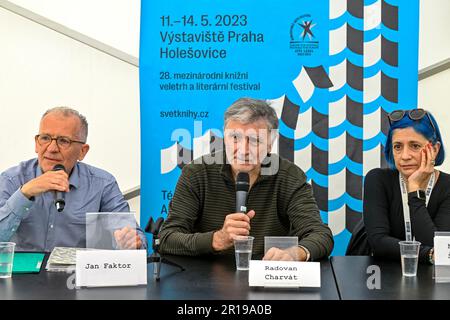 Prague, Czech Republic. 12th May, 2023. L-R Czech writer living in Berlin Jan Faktor and translators Radovan Charvat and Michaela Skultety attend the debate with German authors and their translators entitled 'How are Czech authors who no longer write in Czech translated into their original native language?' as part of the 28th International Book Fair and Literary Festival Book World, on May 12, 2023, in Prague, Czech Republic. Credit: Vit Simanek/CTK Photo/Alamy Live News Stock Photo