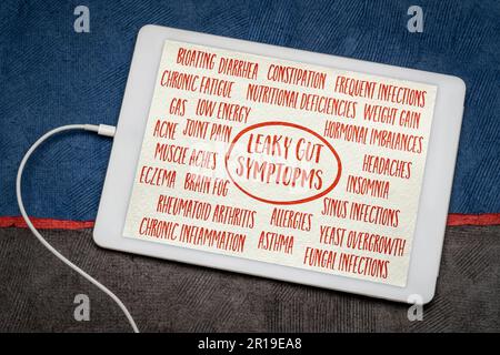 leaky gut symptoms - word cloud on a digital tablet, digestive health concept Stock Photo