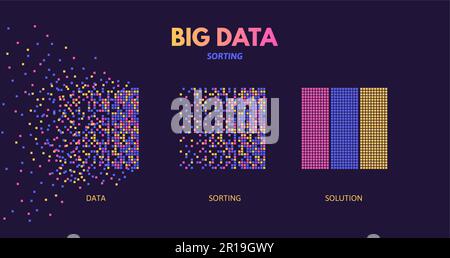 Big data sorting. Machine learning algorithm visualization, digital database analysis and chaotic data pattern recognition science vector concept Stock Vector