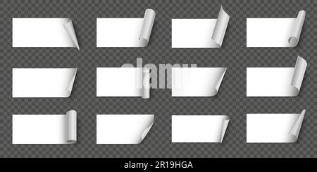 Paper stickers with curled corner. White tape with turned up bent corner, note label with rolled edge vector template set Stock Vector
