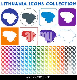 Lithuania icons collection. Bright colorful trendy map icons. Modern Lithuania badge with country map. Vector illustration. Stock Vector