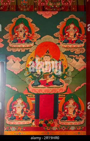 Sikkim, India - 22nd March 2004 : Colorful Buddist murals , piece of graphic artwork that is painted directly to inside wall of Andey or Andhen Monast Stock Photo