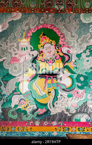 Sikkim, India - 22nd March 2004 : Beautiful colorful Buddist murals , piece of graphic artwork that is painted directly to inside wall of a Monastery. Stock Photo
