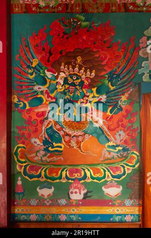 Sikkim, India - 22nd March 2004 : Colorful Buddist murals , piece of graphic artwork that is painted directly to inside wall of Andey or Andhen Monast Stock Photo