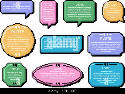 Pixel art speech bubble. Dialogue boxes, retro 8 bit arcade game style quotes and UI message frames vector template set Stock Vector