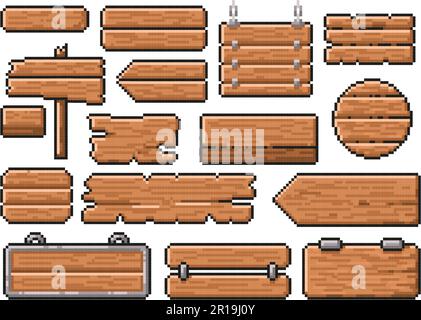 Pixel art wooden signs. Old road guidepost pointer, 8 bit wood style banner and app interface frames vector template set Stock Vector