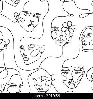 Continuous one line faces pattern. Linear female beauty models, abstract contour lines female portraits and minimalist style women vector seamless Stock Vector