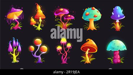 Fantasy mushrooms. Magic fungus, hallucinogenic neon fluorescent mushroom and alien forest fungi cartoon vector illustration set Stock Vector